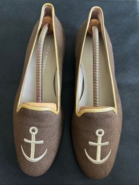 Stubbs & Wootton Brown Loafers with Cream Anchor Embroidery